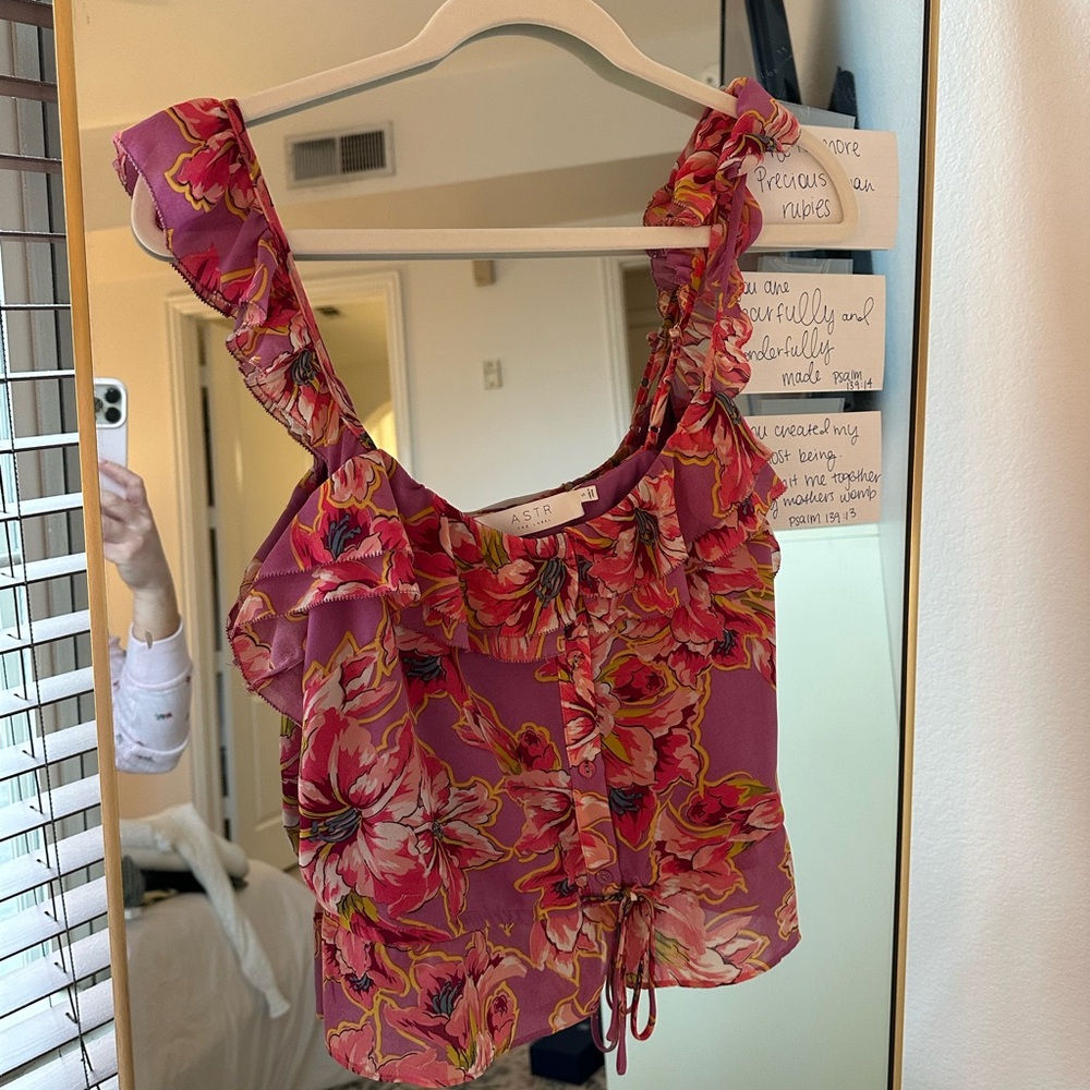 Astr Pink and Yellow Floral Ruffle Blouse